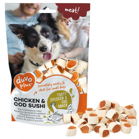 Duvo+ Snack Meat! de frango e sushi de bacalhau