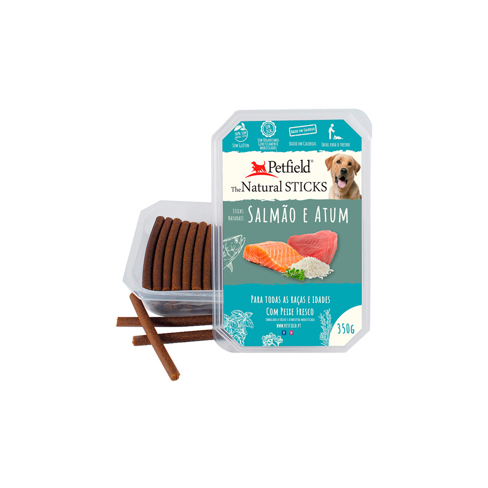Petfield Natural Sticks para cão 350g – Salmão & Atum Petfield Natural Sticks para cão 350g – Salmão & Atum