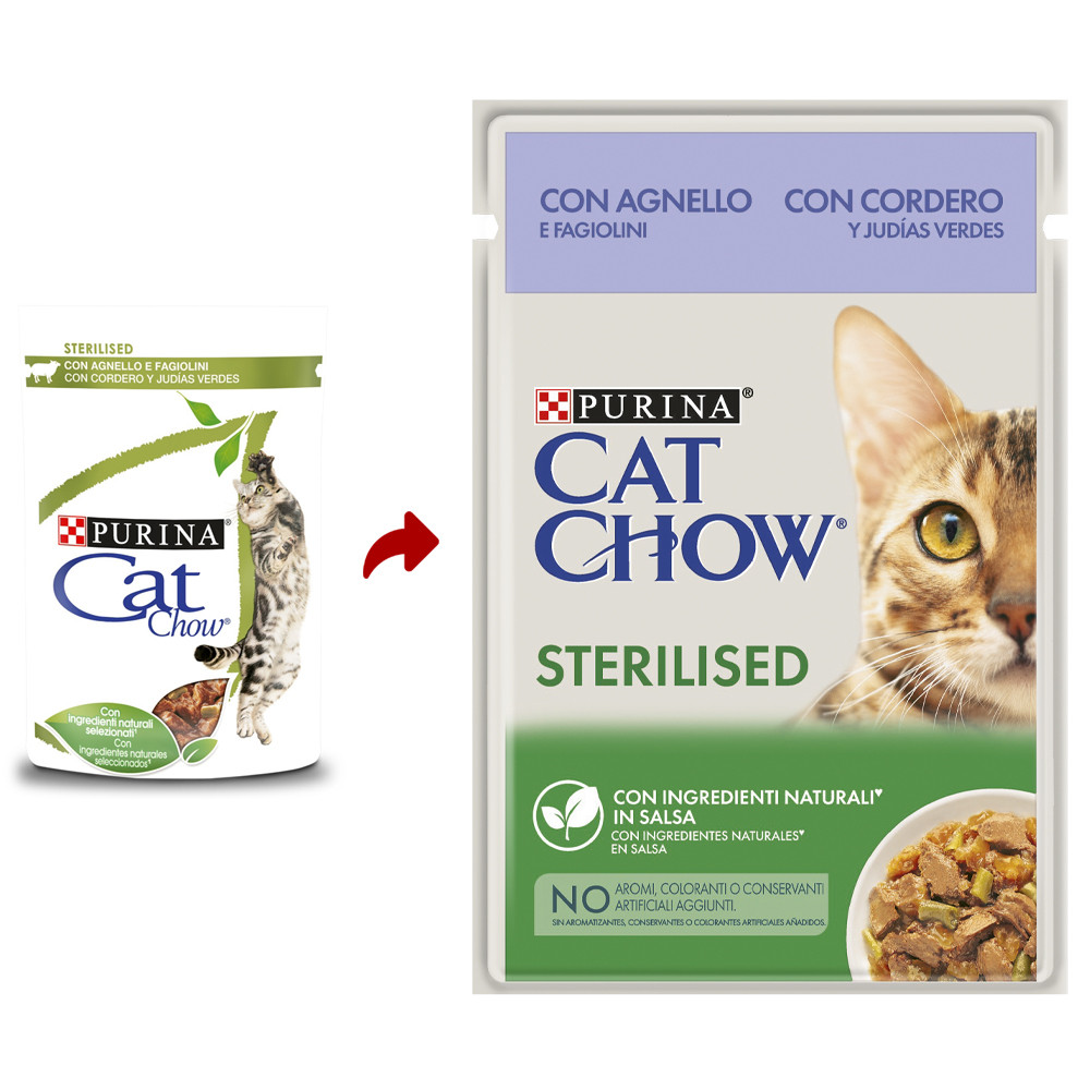 Comida húmeda para gatos Cat Chow Sterilised con cordero y judías verdes.